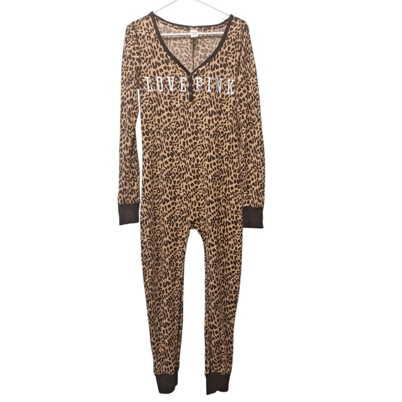 PINK Victoria’s Secret Cheetah Long Jane Long Sleeve Sleepwear Onesie Pajamas L - Picture 1 of 8